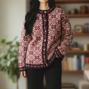 Woolrich Women’s Festive Red and White Cardigan Wool Blend Sz M